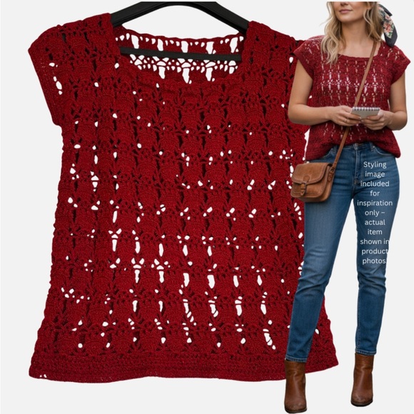 Handmade Tops - Red Crochet Lace Top VTG Handmade Sweater Vest M Parisian Vintage Artisan Boho